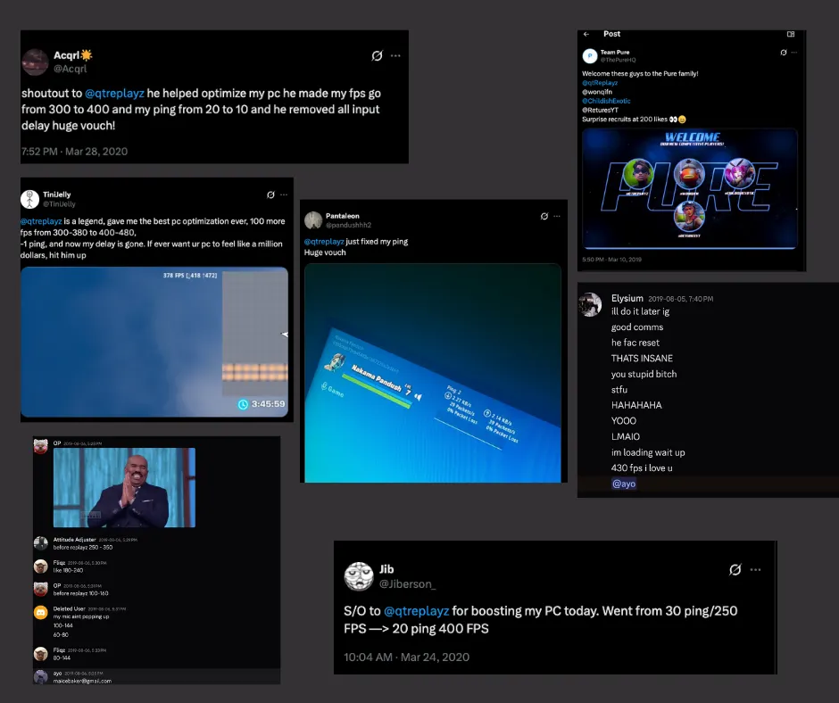 Messages and posts from Fortnite players sharing improved frame rates, lower ping, and their reactions after Mohammed optimized their PCs.
